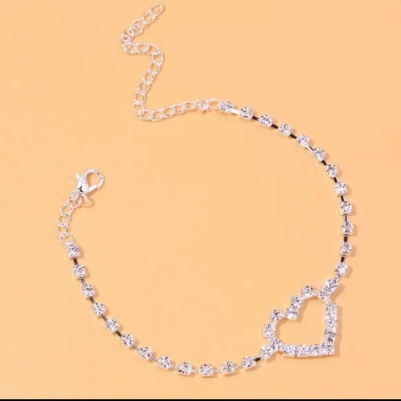 Heart anklet rhinestone open hallow diamond sparkly silver ankle bracelet y2k - Picture 2 of 5
